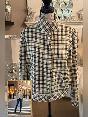 🆕 Karl Lagerfeld Black White & Yellow Plaid Button Jacket/ Bomber Jacket